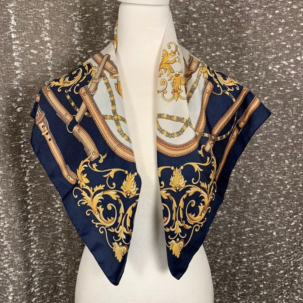 Vintage Equestrian Baroque Square Scarf Blue Gold Belt Print Luxury Old Money